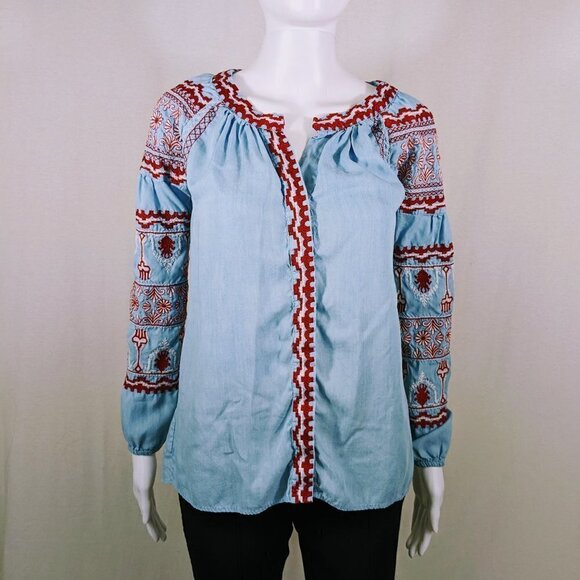 Zara Light Blue Embroidered Button Down Top Size XS TRF Collection - Picture 1 of 5